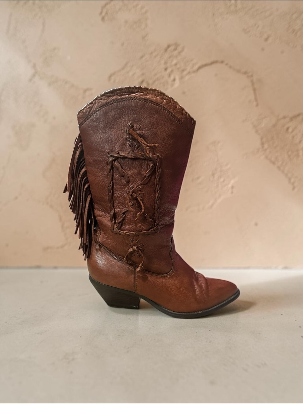Vintage 1990s Y2K Carson Zodiac Leather Fringe Western Riding Cowboy Boots Sz 10
